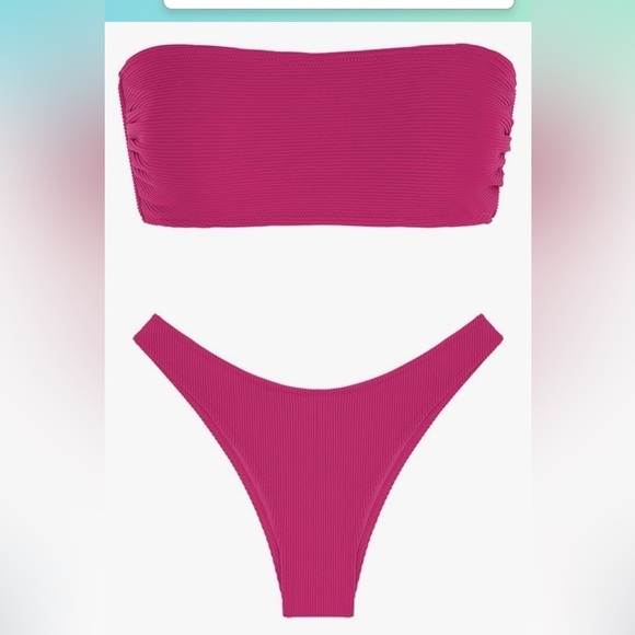 NWT ZAFUL Strapless Wave Bandeau Bikini 2 Piece Swimwear Cheeky Solid Lace up - Picture 5 of 6
